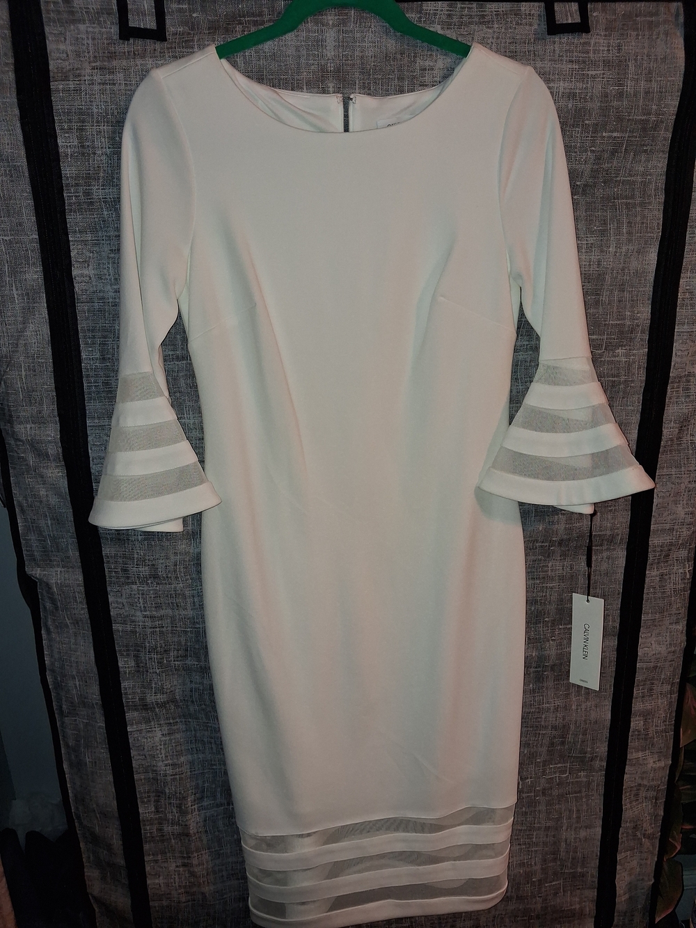 Calvin Klein White Midi Sheath Dress with Mesh-Striped Bell Sleeves